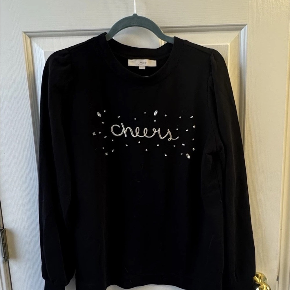 LOFT black french terry knit  “Cheers”pullover top Size Medium  rhinestones